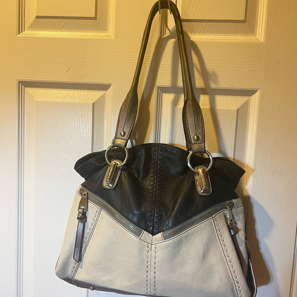 B. Makowsky 3-Tone Leather beige, black &gray Shoulder-bag silver tone hardwares